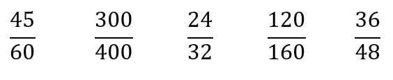 Row of fractions equal to 3/4 from left to right:
45/60, 300/400, 34, 32, 120/160, 36/48