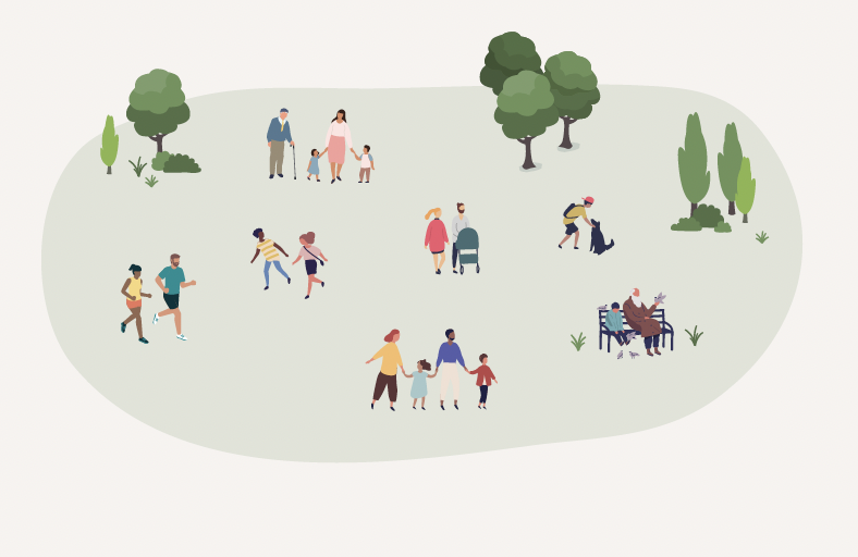 Illustration of a diverse neighborhood park with families, children playing, people walking, jogging, and sitting together outdoors.