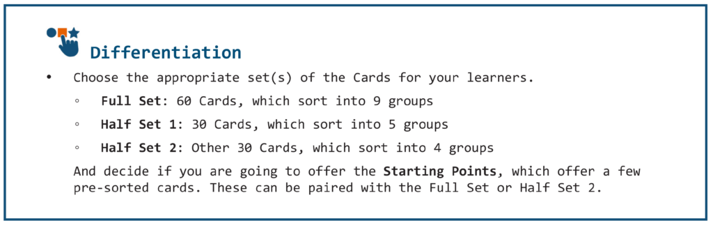 Screenshot of INFACT activity instructions. Text: Differentiation. Choose the appropriate set(s) of the cards for your learners. Full set: 60 cards, which sort into 9 groups. Half set 1: 30 cards, which sort into 5 groups. Half set 2: Other 30 cards, which sort into 4 groups. And decide if you are going to offer the starting points, which offer a few pre-sorted cards. These can be paired with the Full set or Half set 2. 