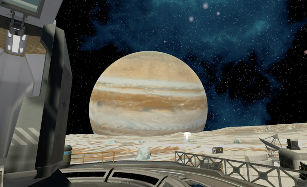 Screenshot from the game Mission to Europa Prime. A sci-fi landscape with a human base in the foreground and a large planet visible on the horizon. 