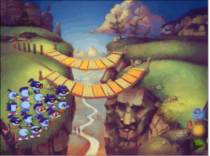 Allergic Cliffs puzzle with all the Zoombinis waiting to cross one of the bridges