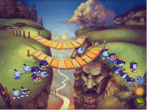 Allergic Cliffs puzzle with about half the Zoombinis having crossed the bottom bridge