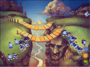 Allergic Cliffs puzzle with the ponytail-hair Zoombinis glowing. Most of the glowing Zoombinis have crossed the bottom bridge. One glowing Zoombini is still waiting to cross a bridge.