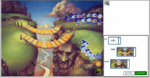 Allergic Cliffs puzzle with all the Zoombinis having crossed one of the two bridges. All the Zoombinis who have crossed the bottom bridge have propeller feet and no other entirely shared value. No Zoombinis with propeller feet have crossed the top bridge. Next to the puzzle, the expression tool presents IF propeller feet THEN bottom bridge ELSE top bridge