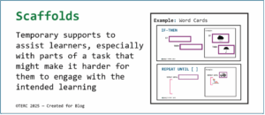 Word card with text reading “Scaffolds — Temporary supports to assist learners, especially with parts of a task that might make it harder for them to engage with the intended learning” and an example showing two Word Cards: IF-THEN and REPEAT UNTIL.