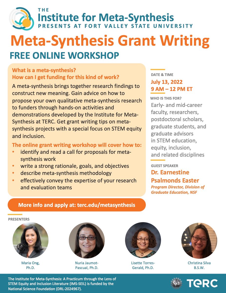 The Institute for Meta-Synthesis is offering a free webinar on proposal writing for meta-synthesis projects.