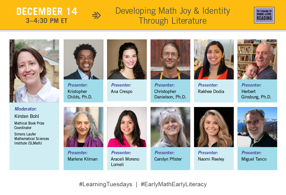 Join TERC’s Marlene Kilman on 12/14 at 3pm ET for the Campaign for Grade-Level Reading’s interactive “playshop” for early math + early literacy advocates.