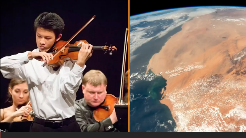 Person playing the violin next to an image of Earth.