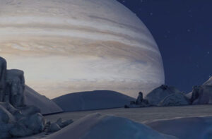 Scene of Europa’s surface with Jupiter in the sky from the STEM-based virtual reality game Europa Prime