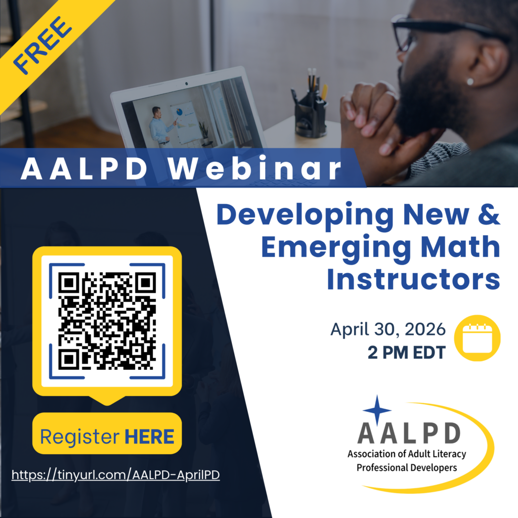 AALPD webinar graphic: Developing New & Emerging Math Instructors, April 30, 2 PM EDT.