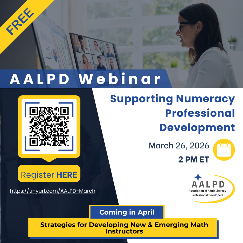 AALPD webinar graphic: Supporting Numeracy Professional Development, March 26, 2 PM ET.