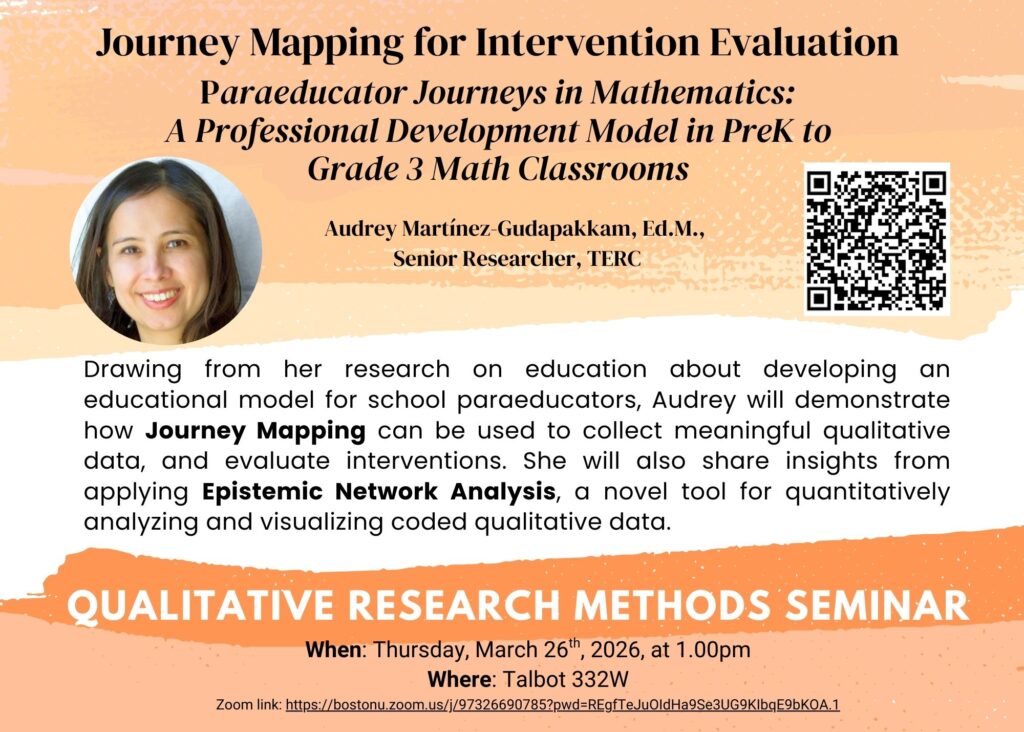 Flyer for a Boston University Qualitative Research Methods Seminar featuring Audrey Martínez-Guadapakkam (TERC) presenting on journey mapping for evaluating paraeducator support in PreK–grade 3 math