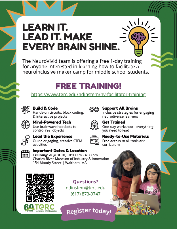 Flyer promoting a free NeuroVivid facilitator training in Waltham, MA, on August 10, 2026, for those interested in leading neuroinclusive maker camps.